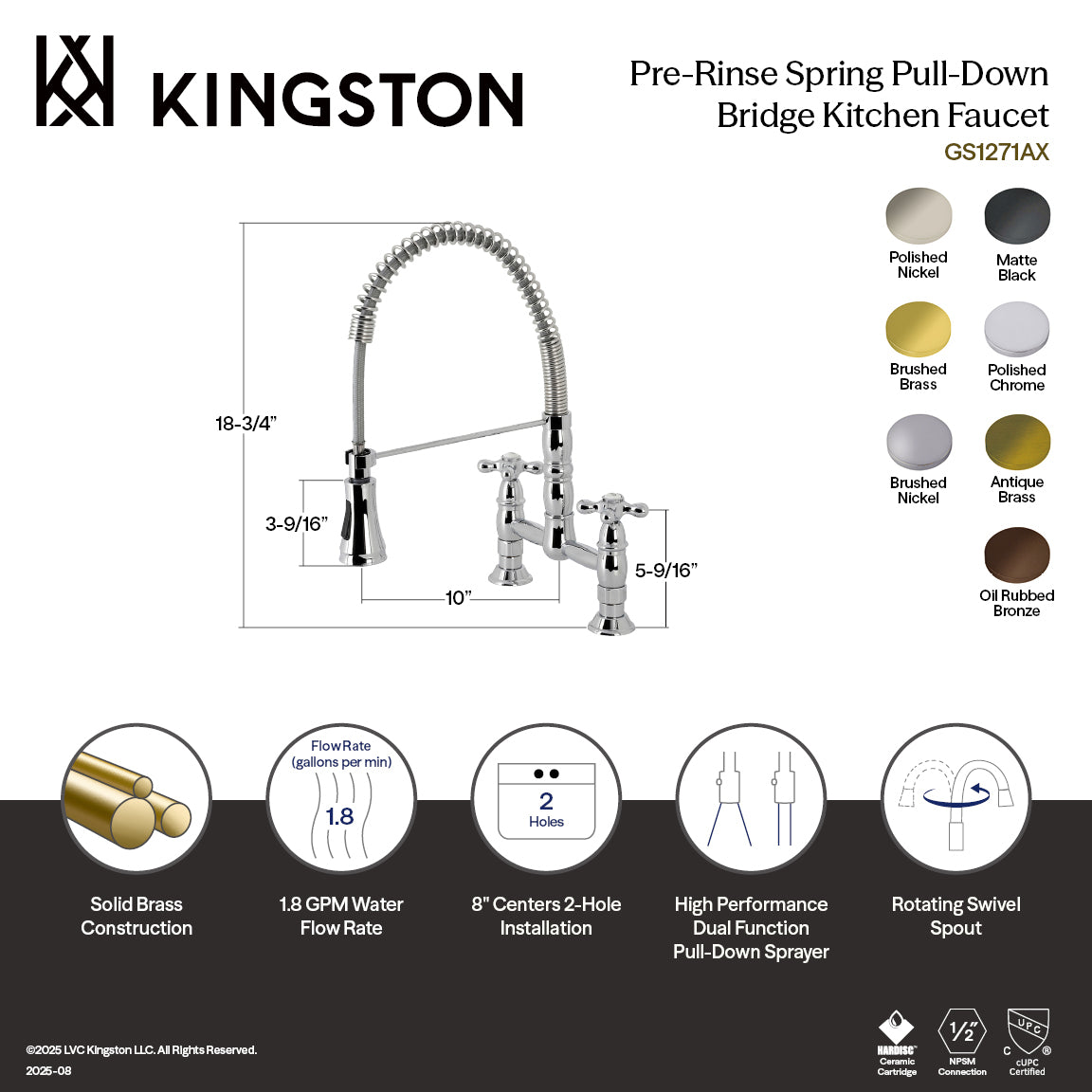 Kingston Tulare GS1277AX - Heritage Double-Handle 2-Hole Deck-Mount Pre-Rinse Bridge Kitchen Faucet, Brushed Brass — thumbnail 2